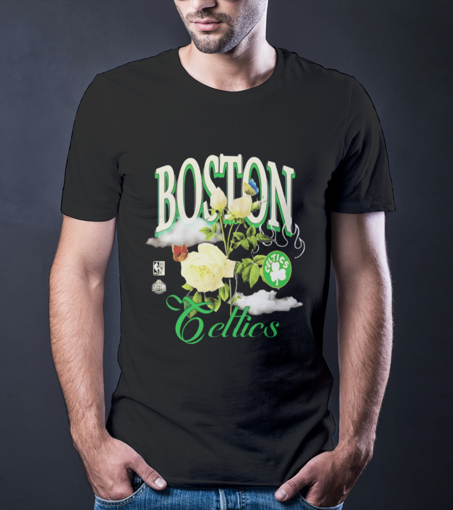 Boston Celtics Floral Roses With Butterfly And Shamrock T-Shirt