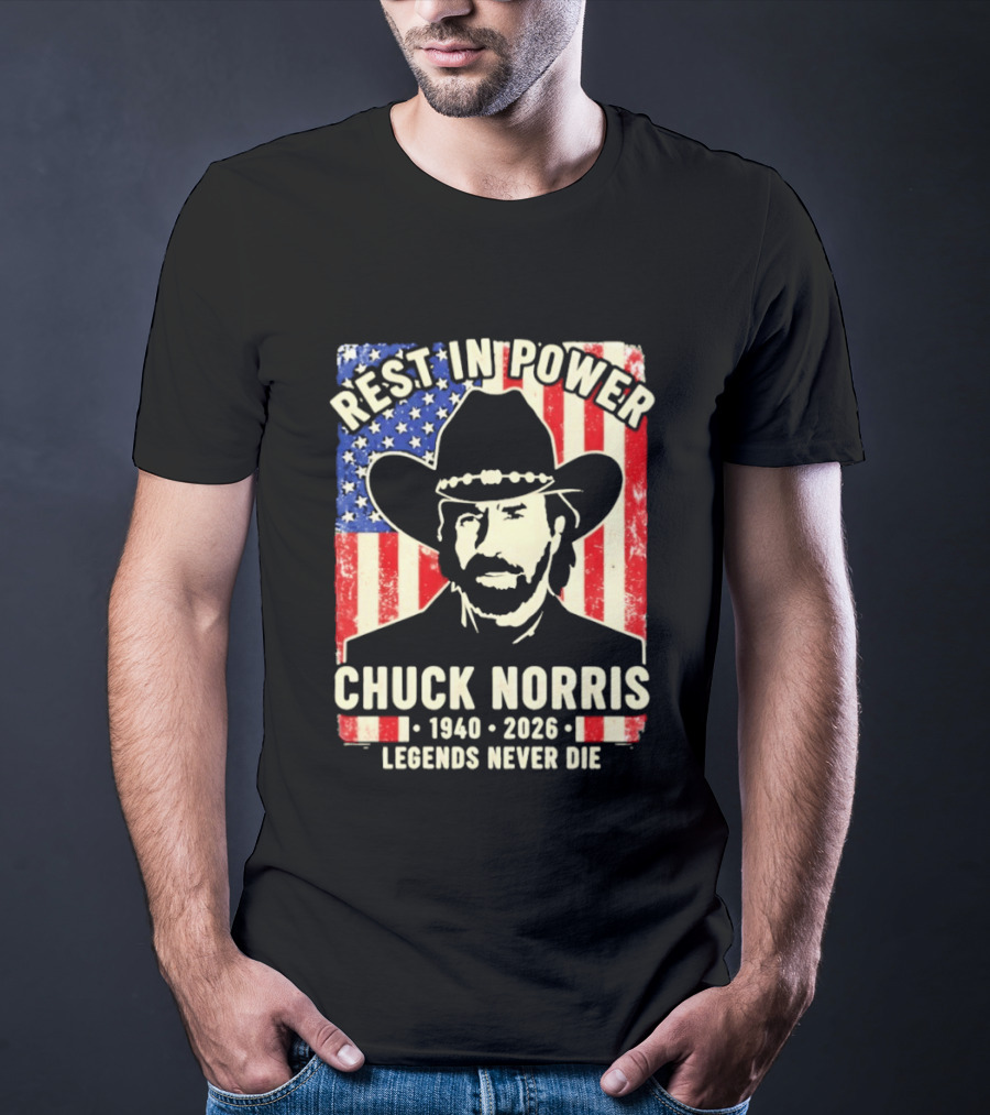 Rest In Power Chuck Norris Legends Never Die 1940 2026 Patriotic Western Cowboy T-Shirt