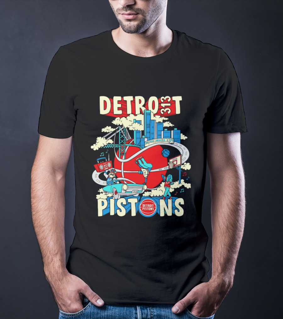 Detroit Pistons 313 Motor City Skyline Basketball 2026 T-Shirt