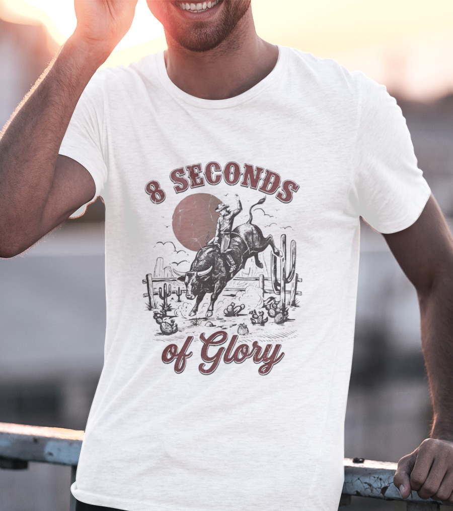 8 Seconds Of Glory Cowboy Riding Rodeo Bull Southwestern Desert Scene T-Shirt