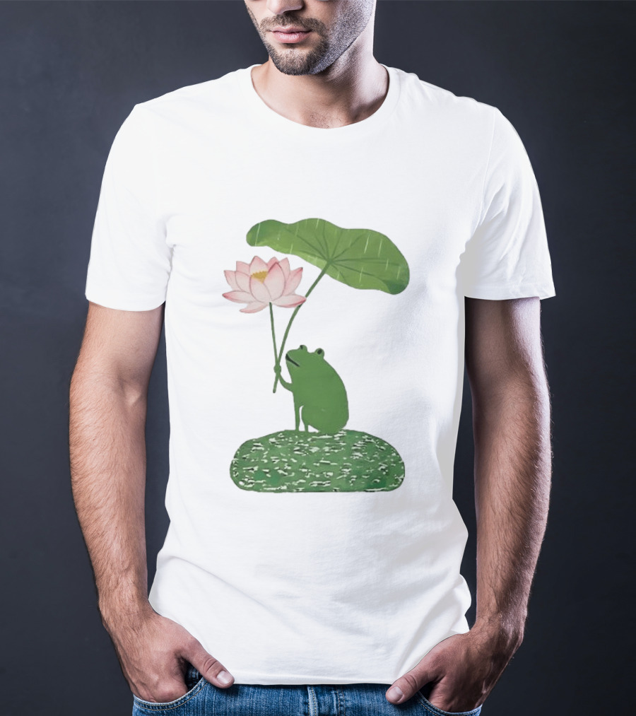 Frog With Lotus Umbrella Under The Rain Meme Cute Nature Scene T-Shirt