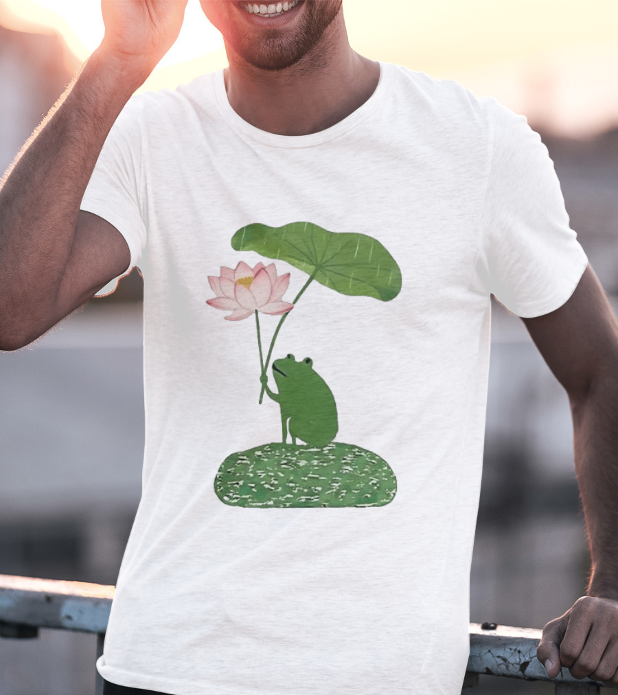 Frog With Lotus Umbrella Under The Rain Meme Cute Nature Scene T-Shirt