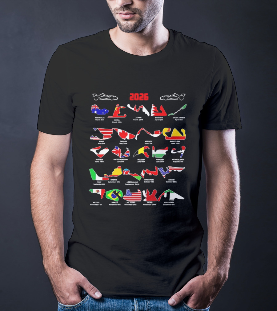 Formula Racing 2026 Circuit Map With International Flags And Track Layouts T-Shirt