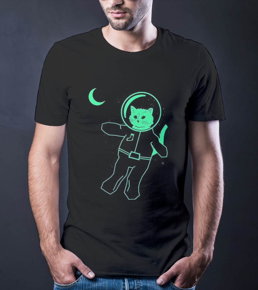 Glow In The Dark Astronaut Neon Cat With Moon Phases T-Shirt
