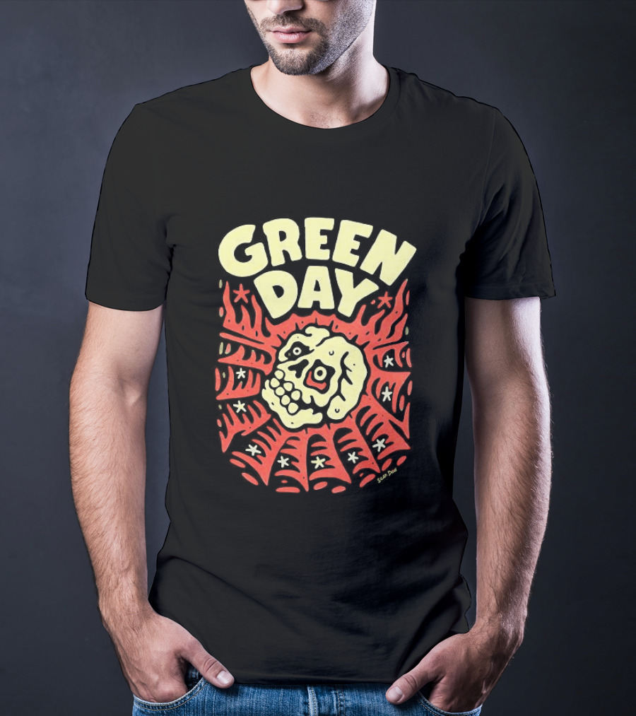 Green Day Skull Spider Red And Cream T-Shirt