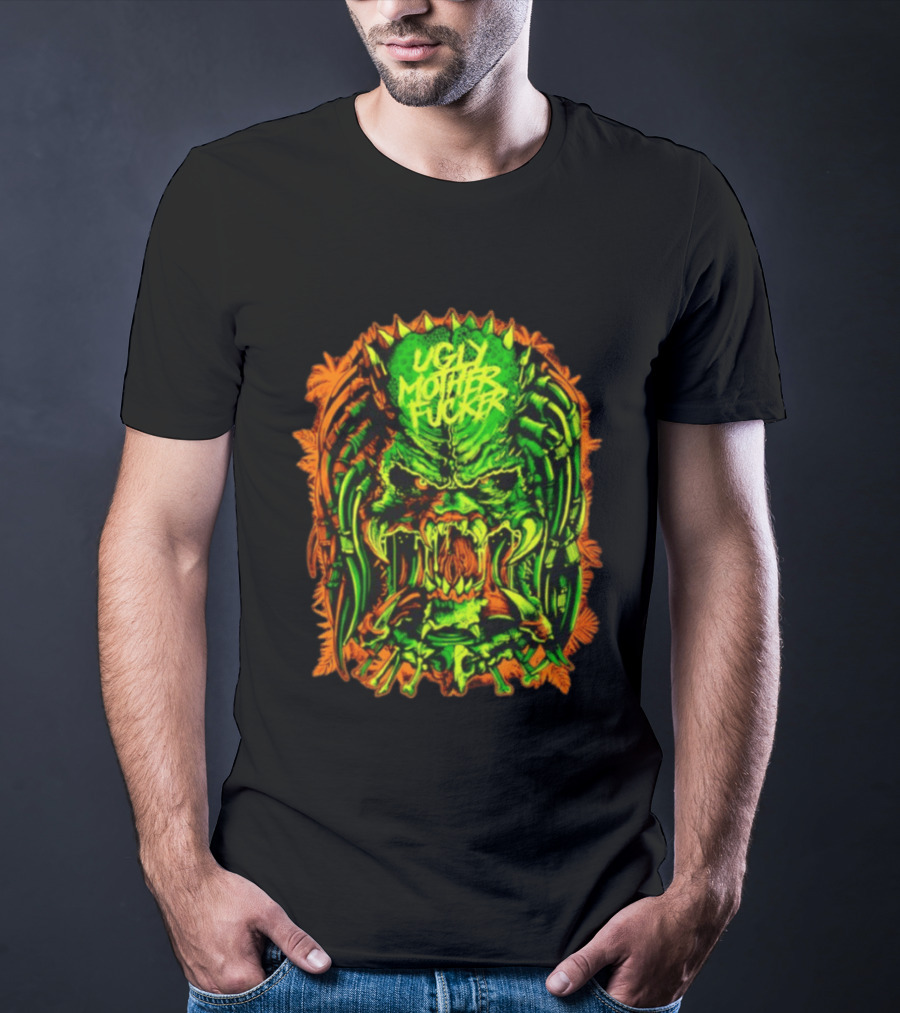 Predator Ugly Mother Fucker Alien Mask Neon Green And Orange T-Shirt