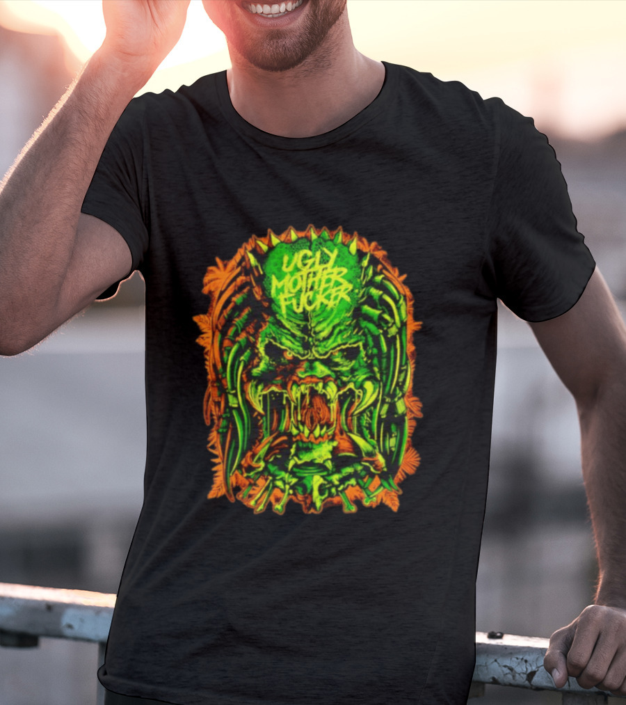 Predator Ugly Mother Fucker Alien Mask Neon Green And Orange T-Shirt