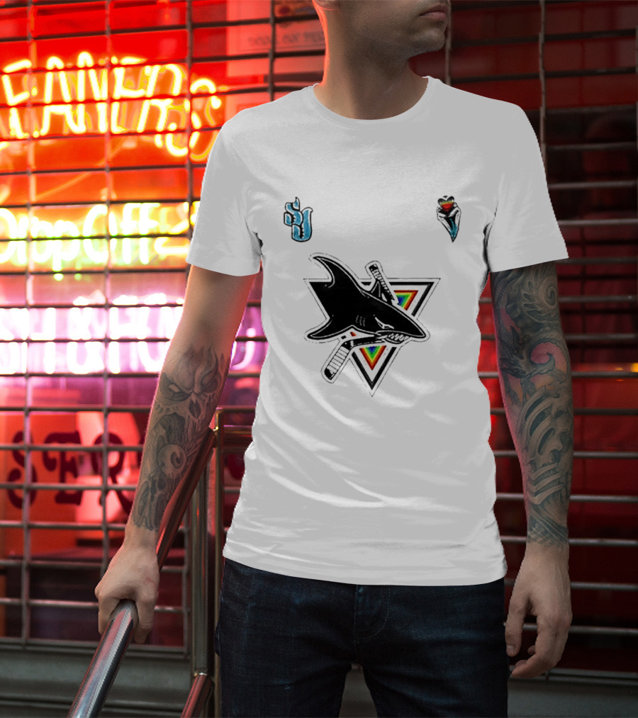 San Jose Sharks Pride Night 2026 Team Logo With Rainbow Accents T-Shirt