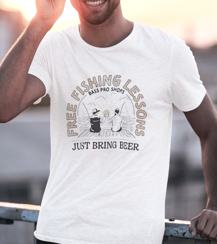 Free Fishing Lessons Bring Beer Lake Dock Scene T-Shirt