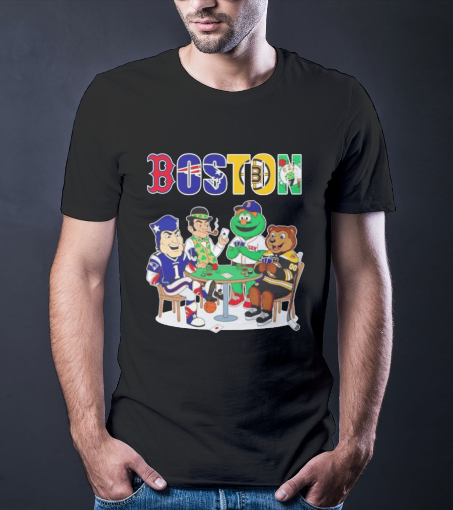 Boston Teams Playing Cards Patriots Red Sox Celtics Bruins Logos T-Shirt