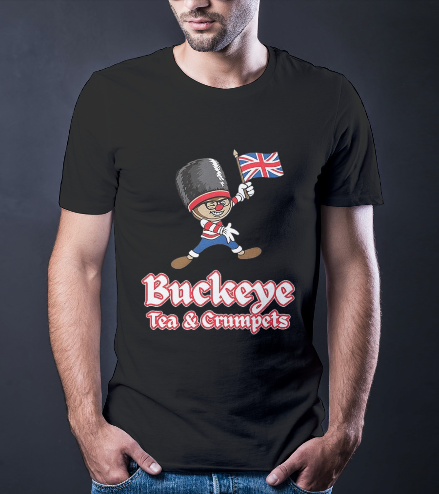 Buckeye Tea And Crumpets British Guard Cartoon With Union Jack Flag T-Shirt