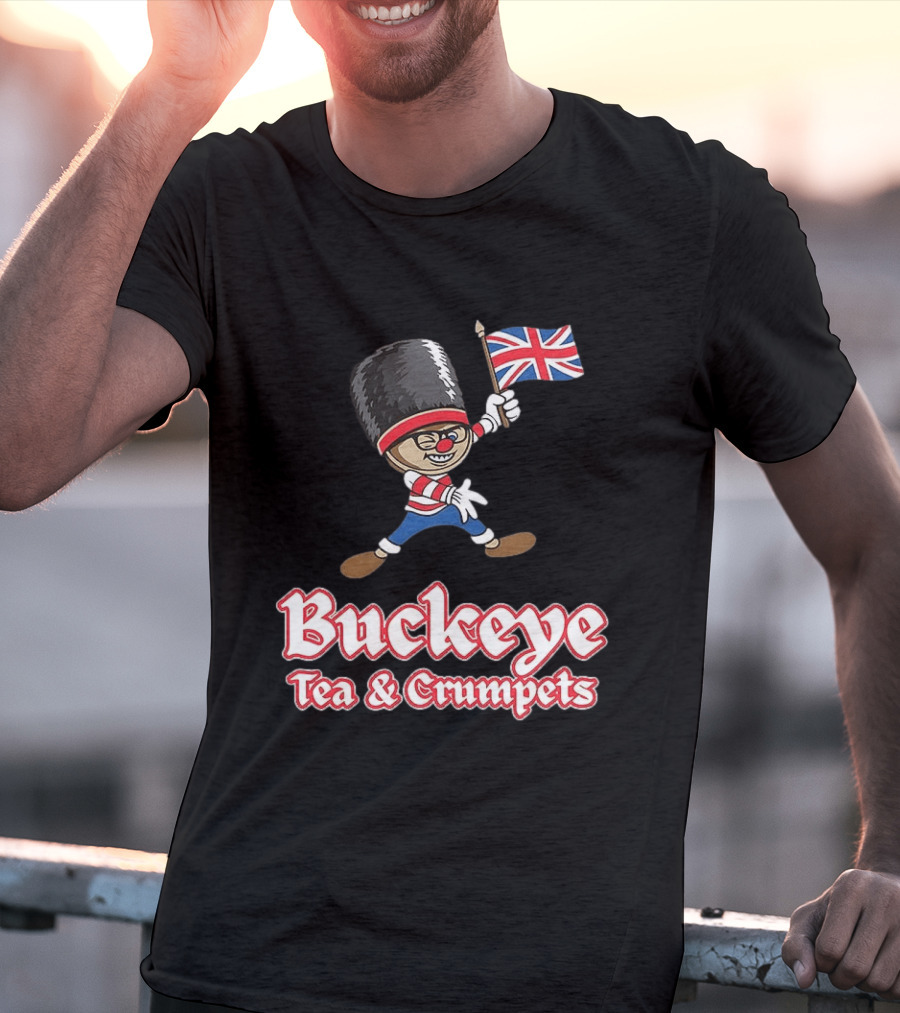 Buckeye Tea And Crumpets British Guard Cartoon With Union Jack Flag T-Shirt