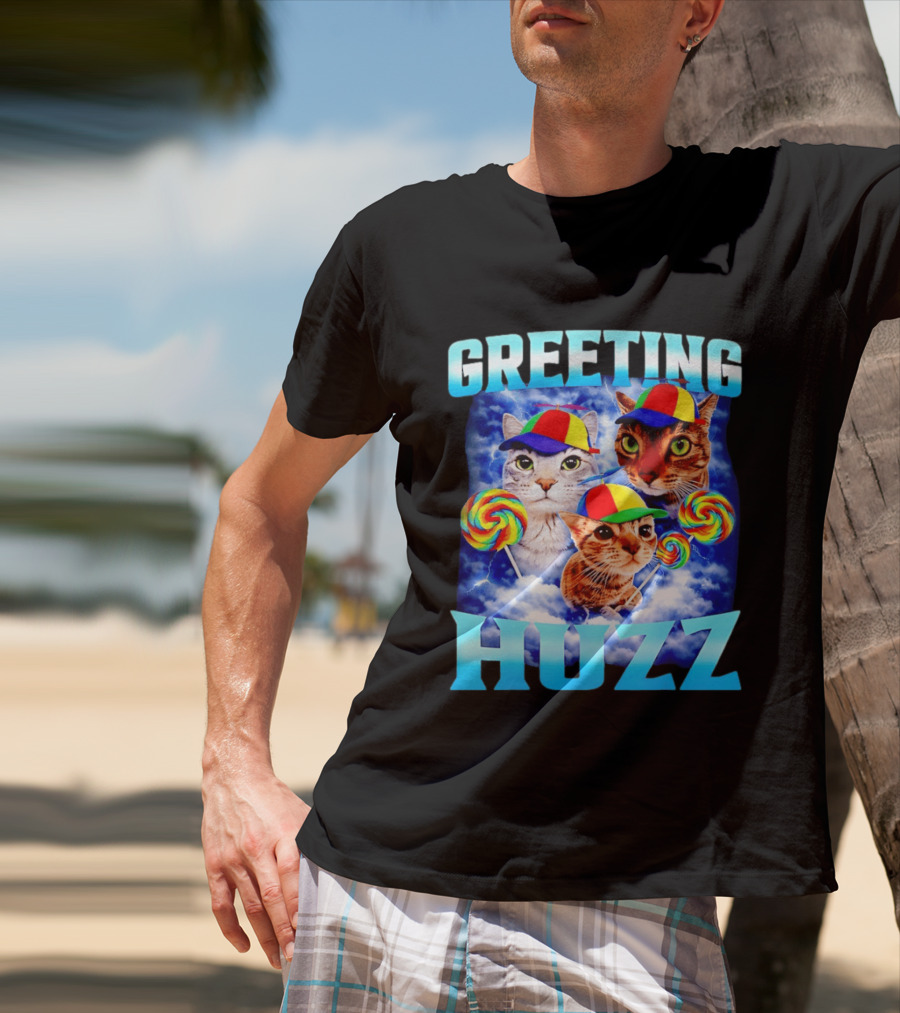 Greeting Huzz Cat Meme With Lollipops And Colorful Hats T-Shirt