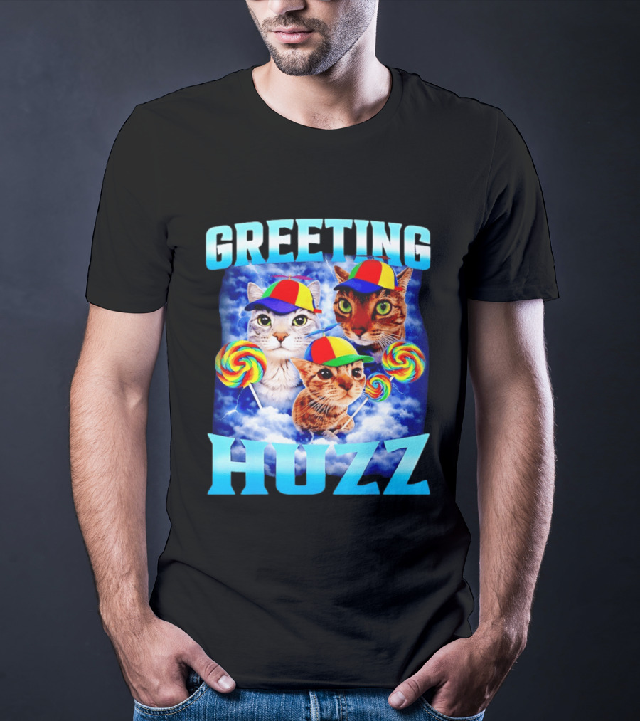 Greeting Huzz Cat Meme With Lollipops And Colorful Hats T-Shirt