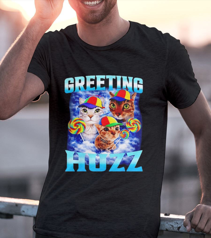Greeting Huzz Cat Meme With Lollipops And Colorful Hats T-Shirt