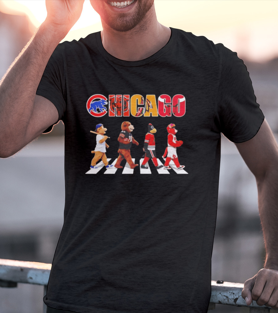 Chicago Cubs Bears Blackhawks Bulls Mascots Crossing Abbey Road T-Shirt