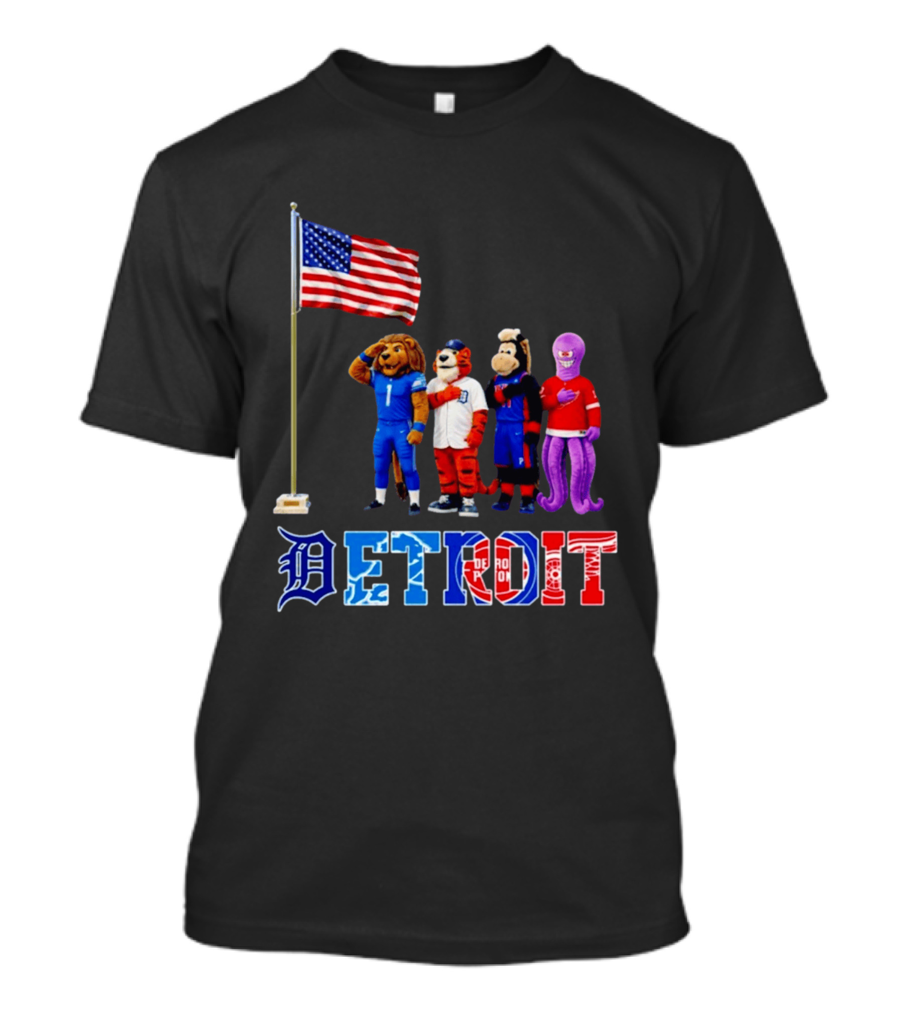 Detroit Mascots Salute American Flag T-Shirt