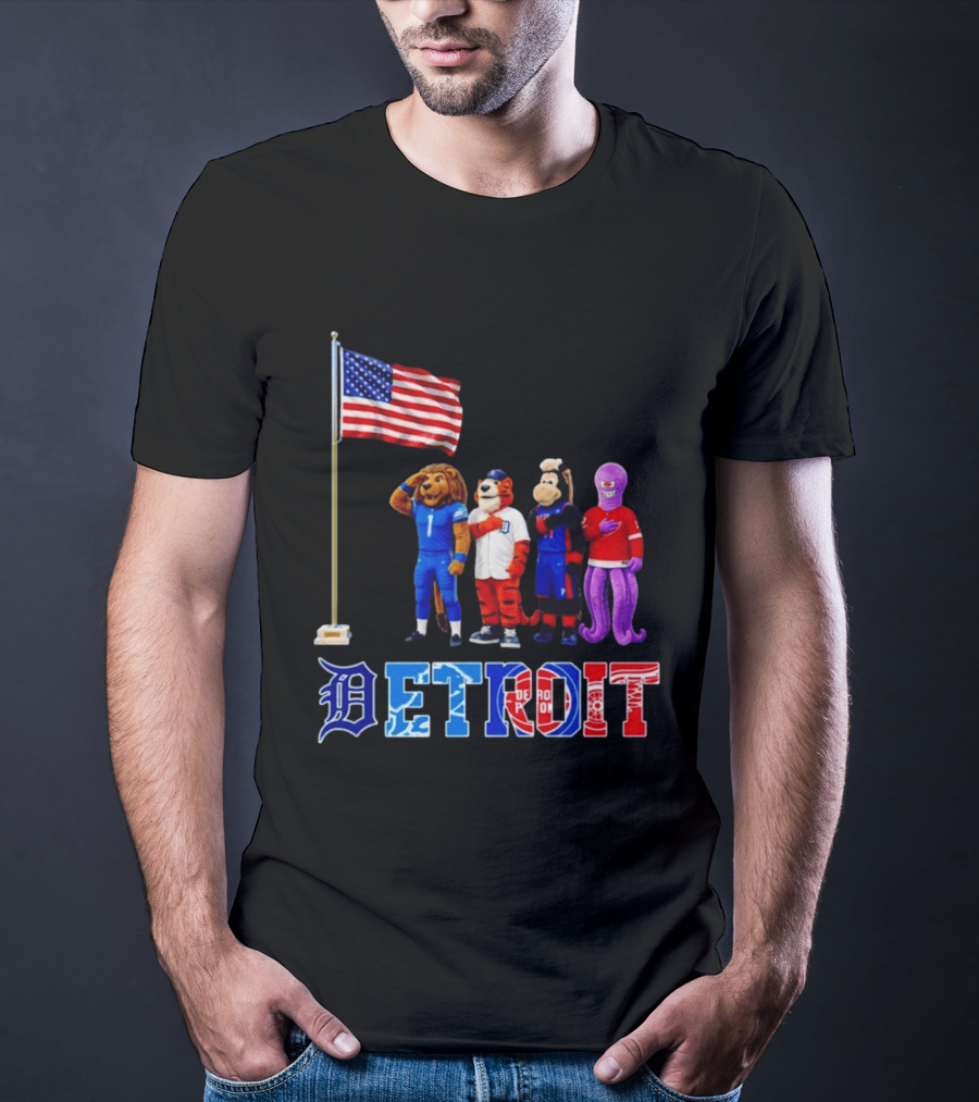 Detroit Mascots Salute American Flag T-Shirt