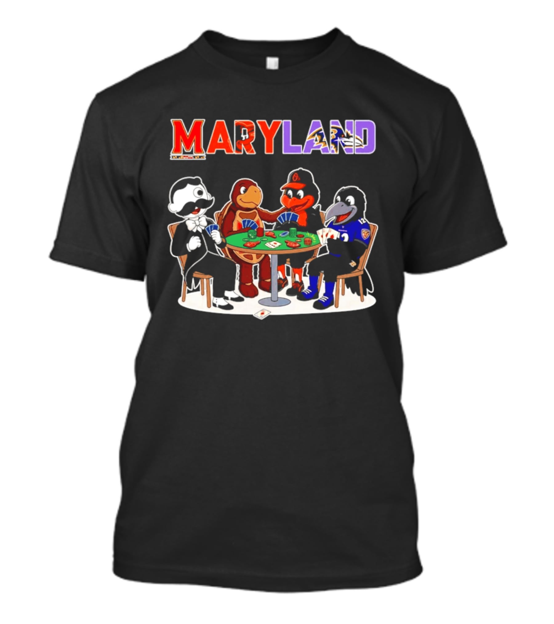 Maryland Mascots Playing Poker With Natty Boh, Orioles, Ravens, And Terrapins T-Shirt