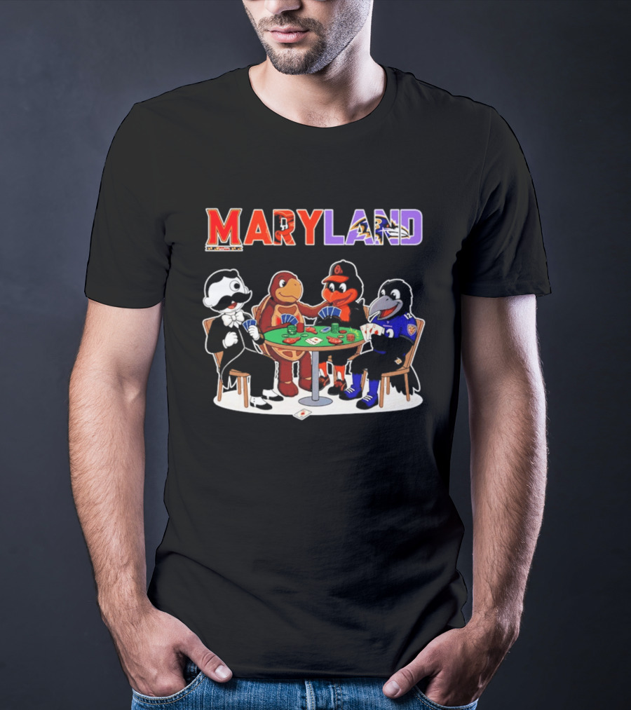 Maryland Mascots Playing Poker With Natty Boh, Orioles, Ravens, And Terrapins T-Shirt