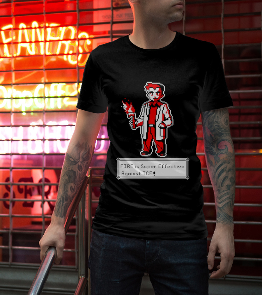 Fire Is Super Effective Against Ice Pixel Character Holding Flame In Retro Game T-Shirt