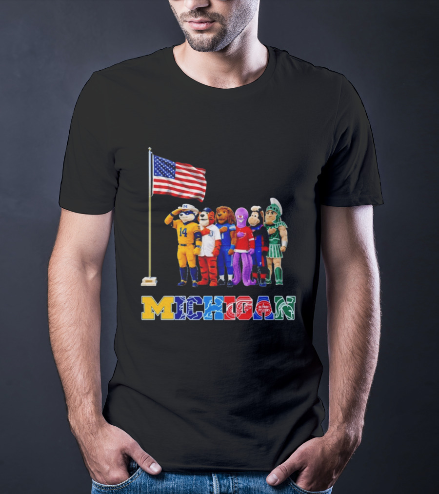 Patriotism In Michigan Sports Mascots Saluting American Flag T-Shirt