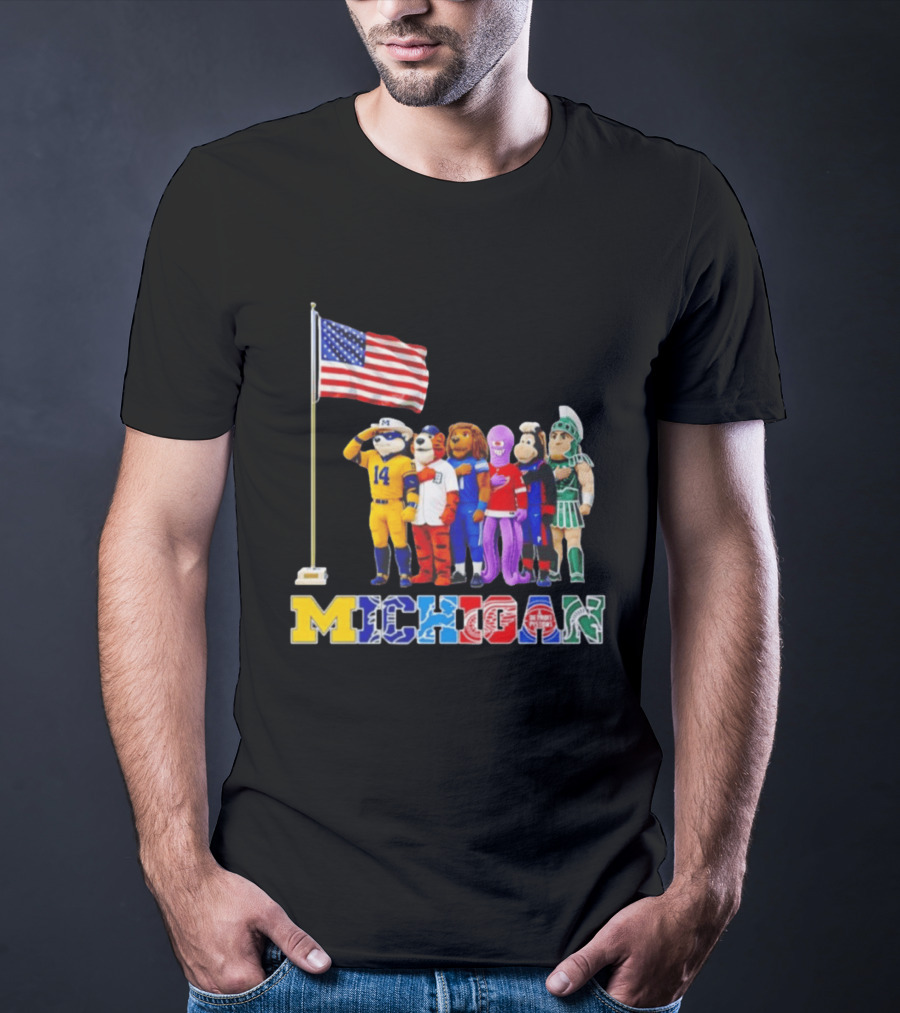 Michigan Wolverine Tigers Lions Red Wings Pistons Spartans Salute American Flag T-Shirt