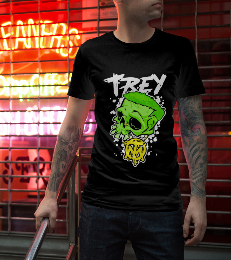 Trey Skull Green Neon Melting Art By Trey Miguel T-Shirt