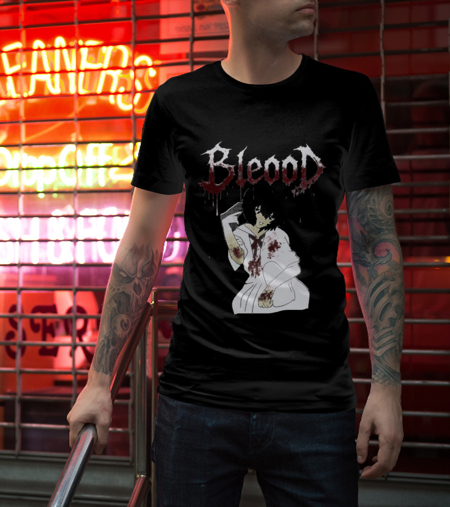 Blood Anime Style Dripping Text And Mysterious Figure T-Shirt