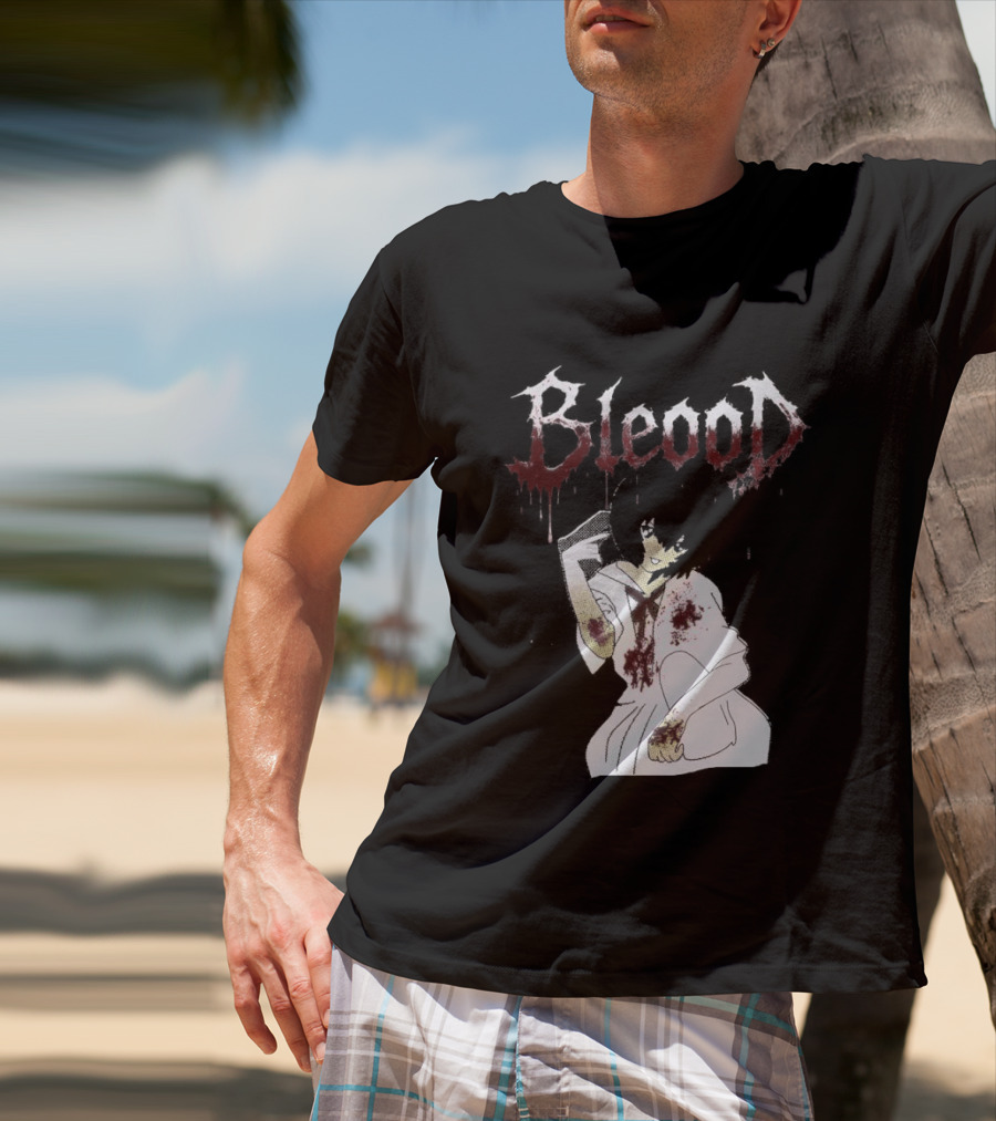 Blood Anime Style Dripping Text And Mysterious Figure T-Shirt