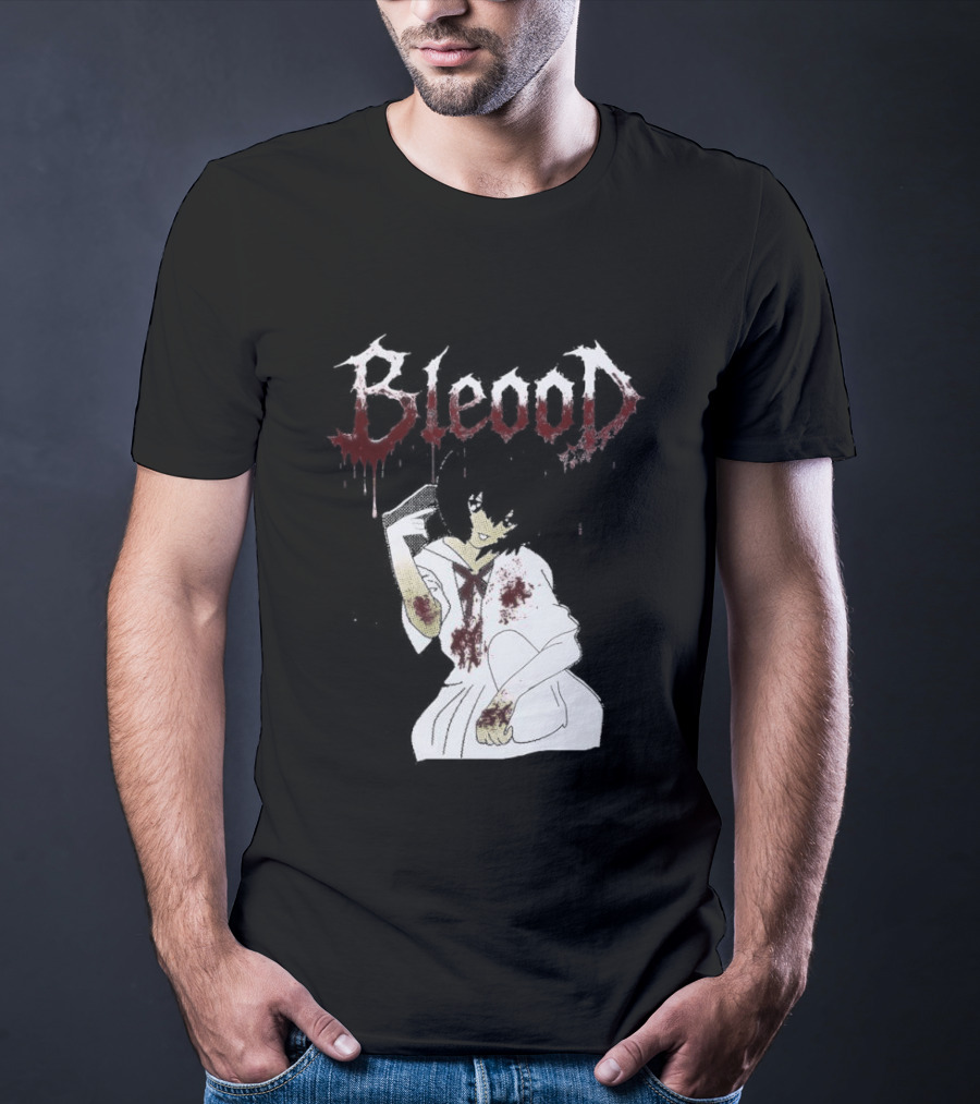 Blood Anime Style Dripping Text And Mysterious Figure T-Shirt