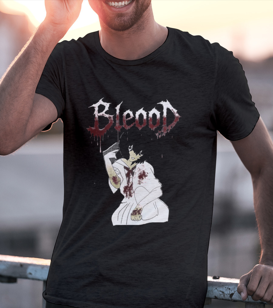 Blood Anime Style Dripping Text And Mysterious Figure T-Shirt
