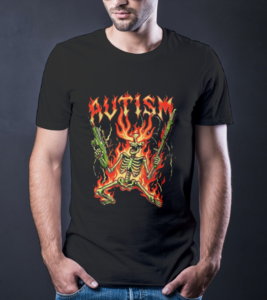 Skeleton Blazing Holding Two Rifle Guns Autism Flame T-Shirt