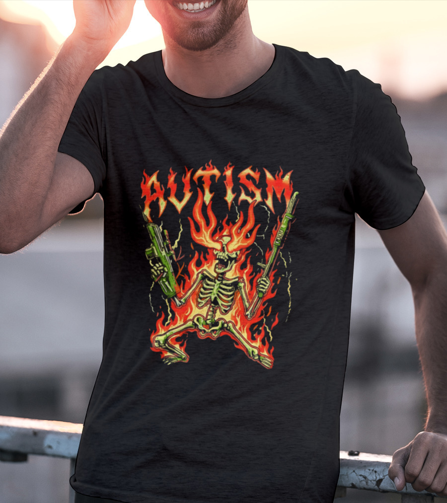 Skeleton Blazing Holding Two Rifle Guns Autism Flame T-Shirt