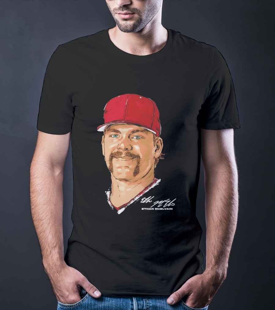 Ethan McElvain Arkansas Razorbacks Baseball Player Portrait In Red Cap T-Shirt