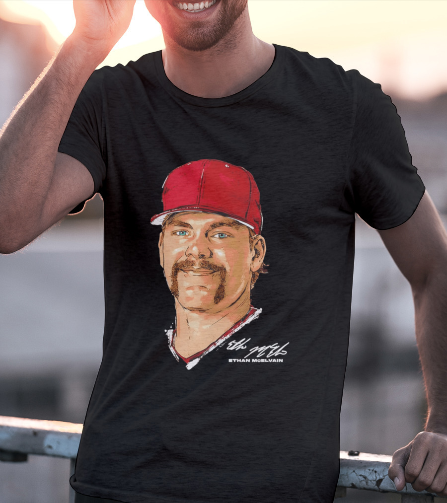 Ethan McElvain Arkansas Razorbacks Baseball Player Portrait In Red Cap T-Shirt