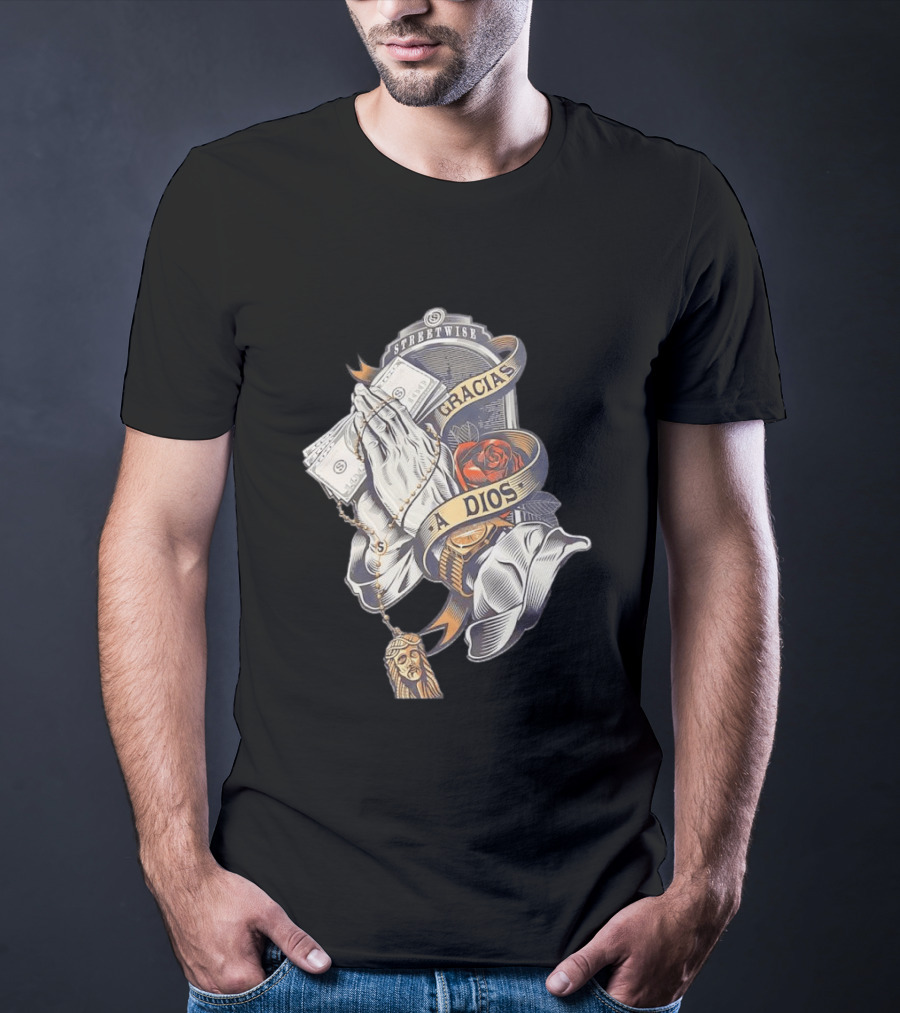 Streetwise Gracias A Dios Prayer Hands Rose Rosary T-Shirt