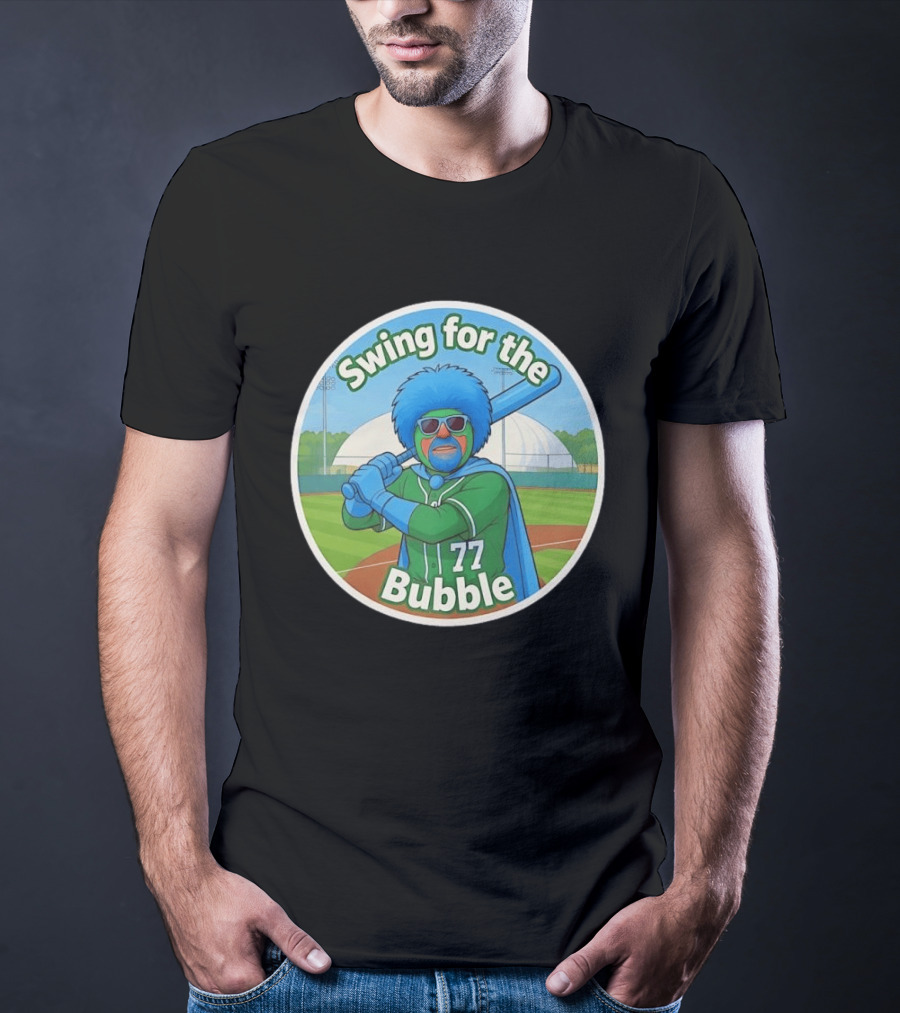 Swing For The Bubble 77 Baseball Cartoon Player Stadium T-Shirt