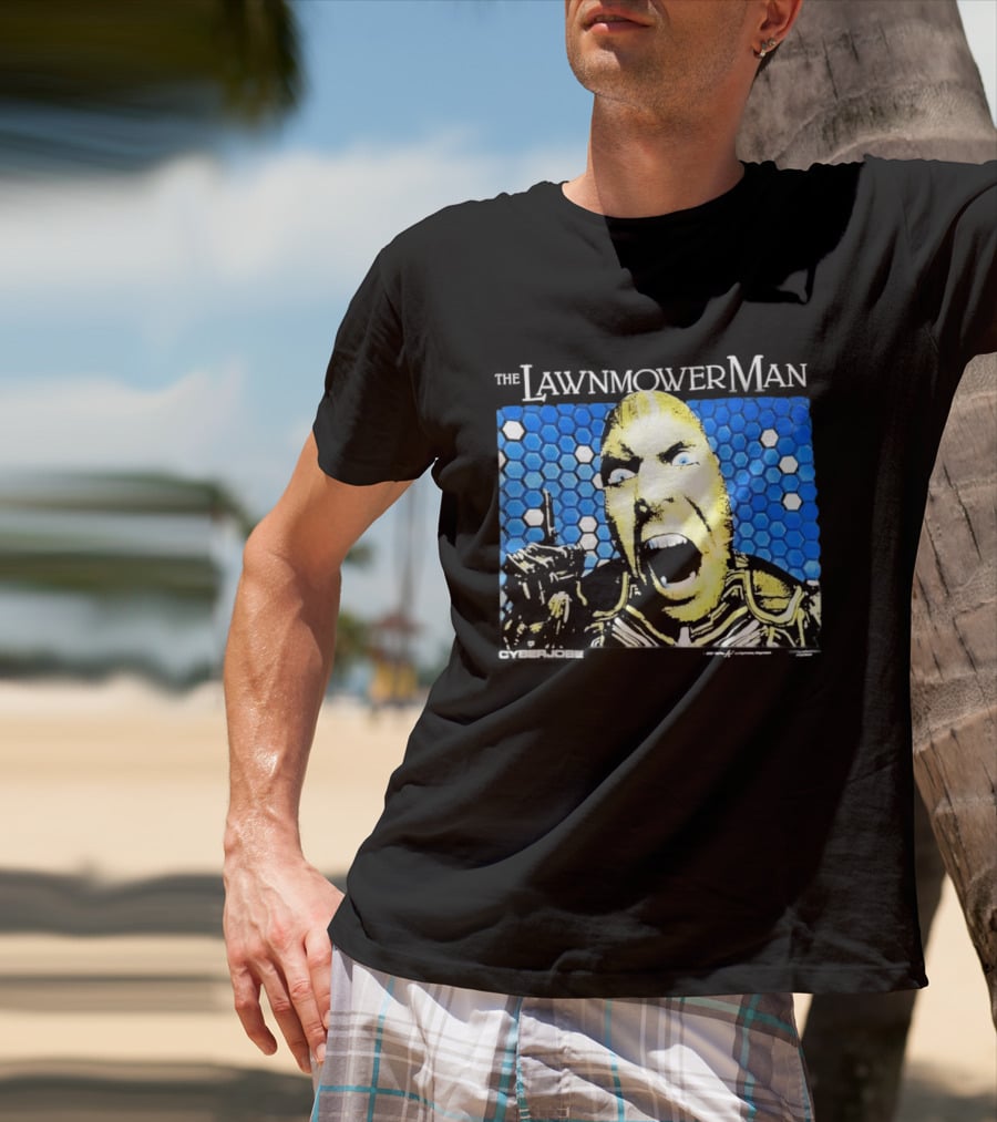 The Lawnmower Man Futuristic Cybernetic Face Against Blue Hexagon T-Shirt