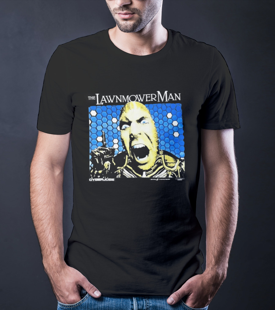The Lawnmower Man Futuristic Cybernetic Face Against Blue Hexagon T-Shirt
