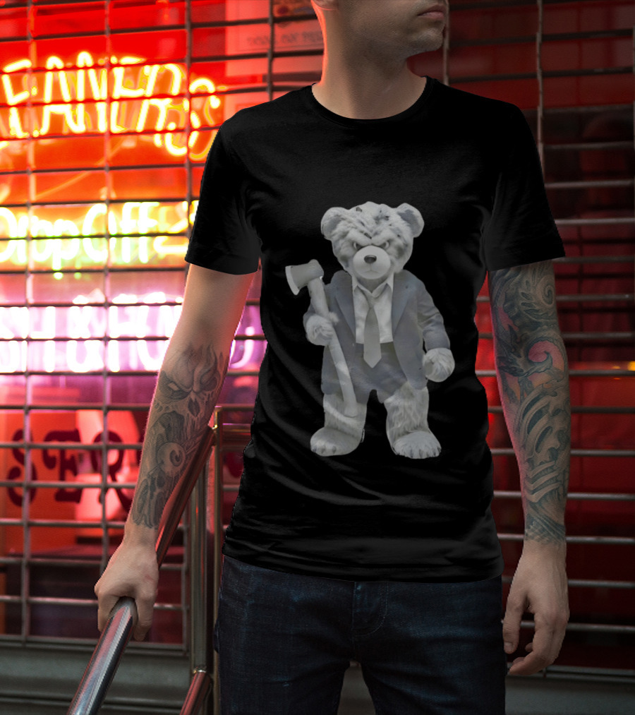 Grumpy Teddy Bear In Suit Holding Axe Horror T-Shirt