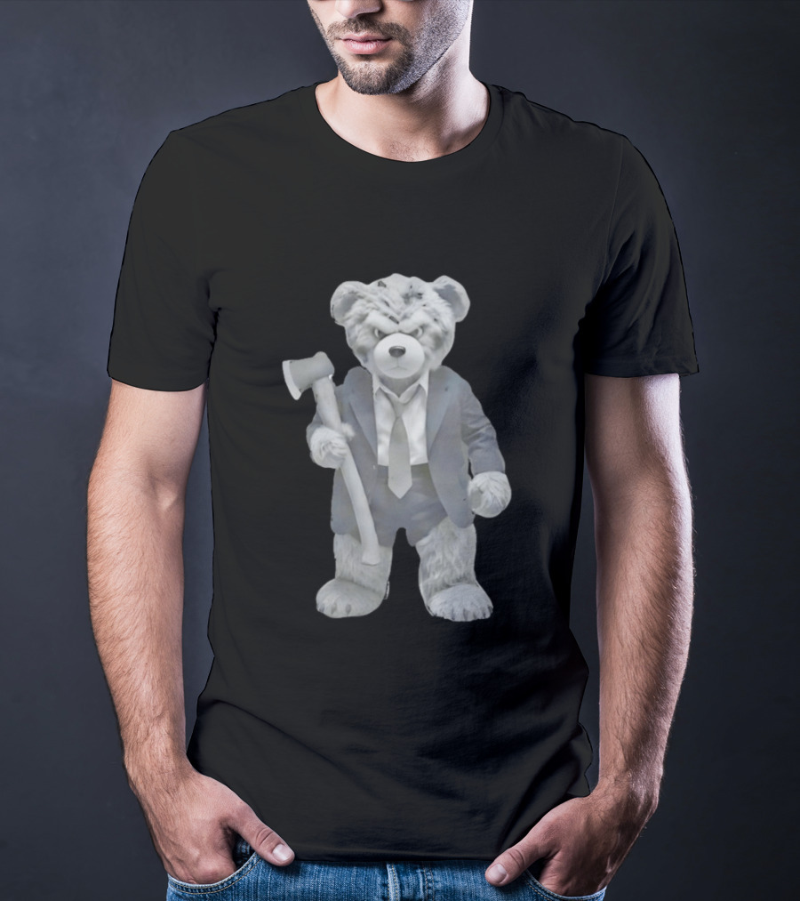 Grumpy Teddy Bear In Suit Holding Axe Horror T-Shirt