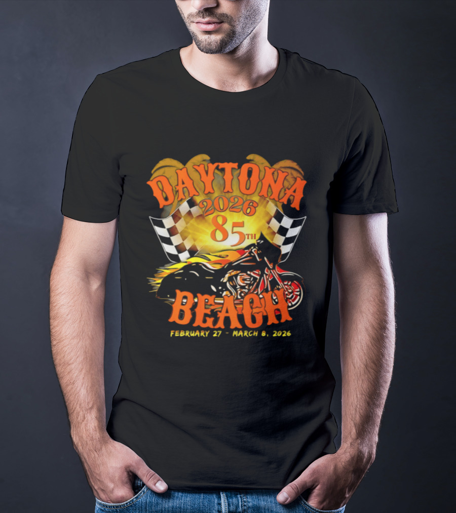 Daytona Beach 2026 85th Anniversary February 27 To March 6 With Motorcycle And Checkered Flag T-Shirt