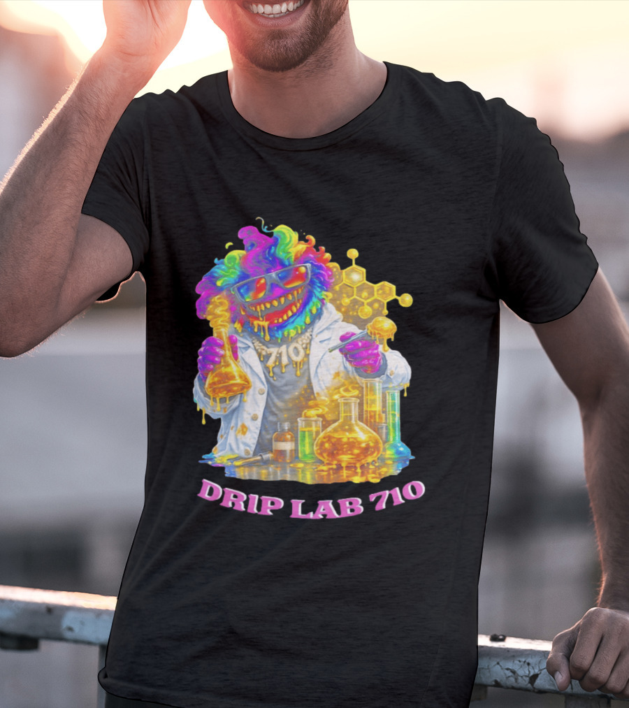 Drip Lab 710 Psychedelic Monster Chemist With Colorful Beakers T-Shirt