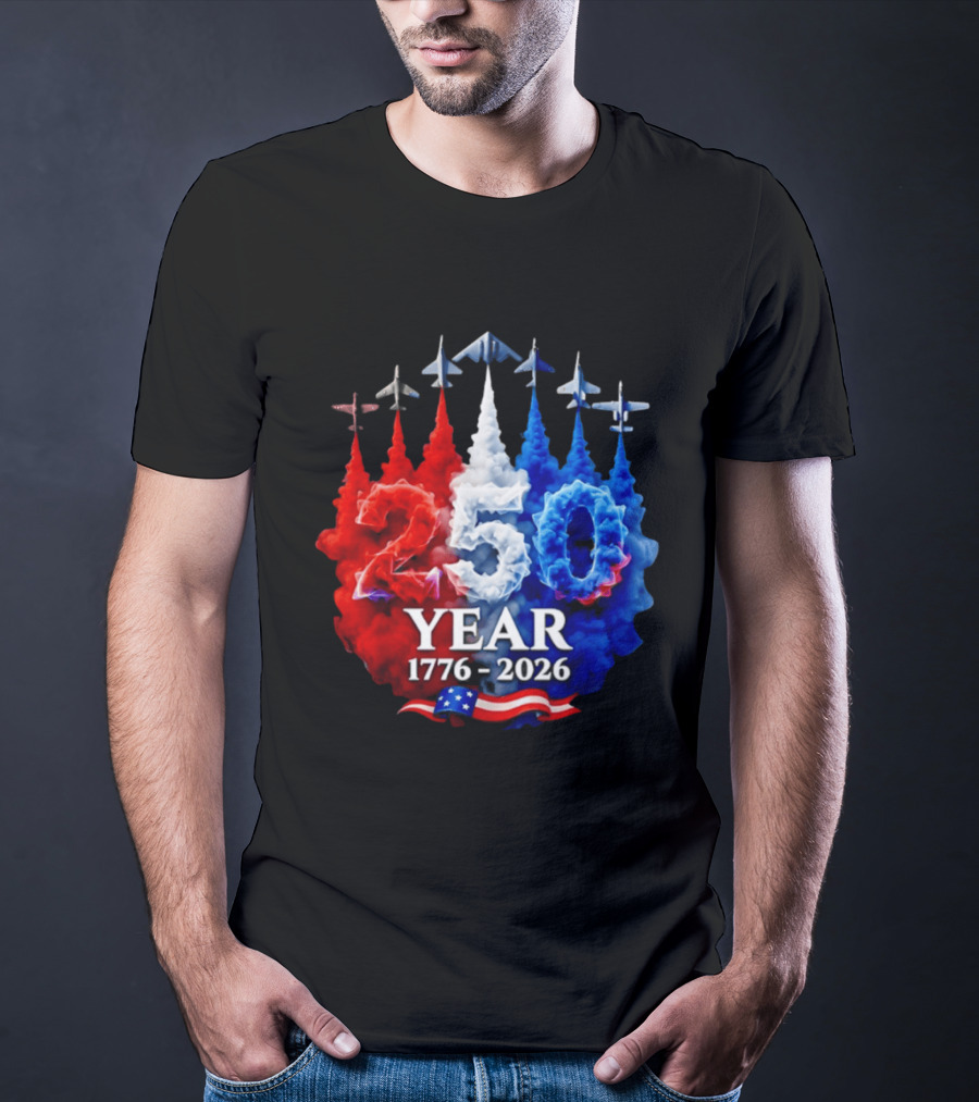 Fighter Jet Leaving A Smoke Trail 250 Years American 250th USA Patriotic 4th Of July T-Shirt