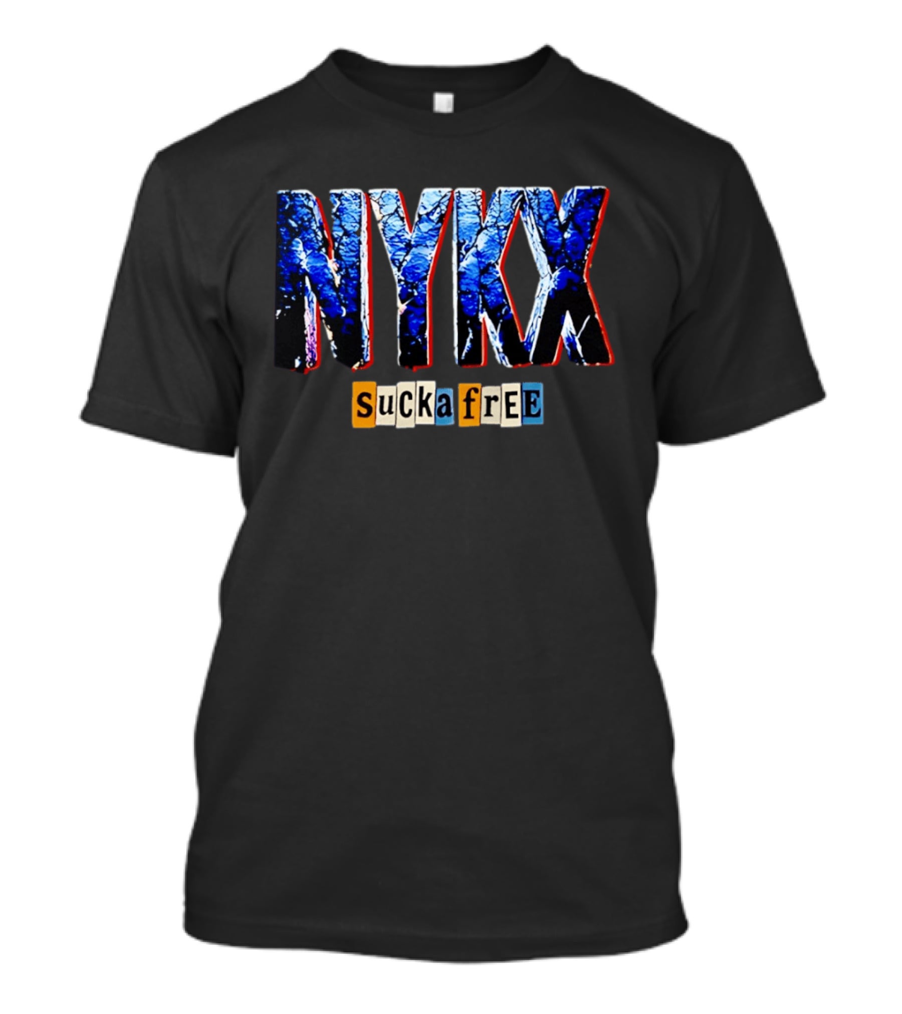 NYKX Sucka Free Bold Blue Text With Colorful Block Letters T-Shirt