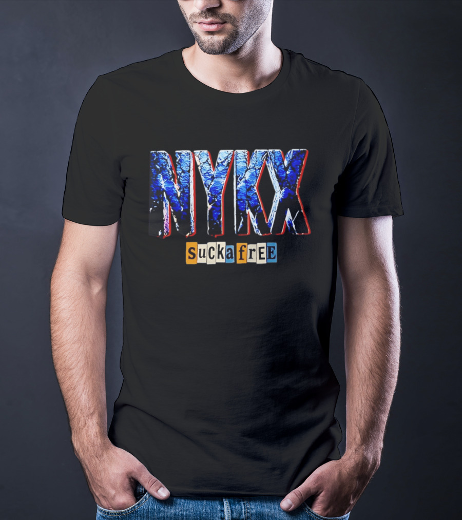 NYKX Sucka Free Bold Blue Text With Colorful Block Letters T-Shirt