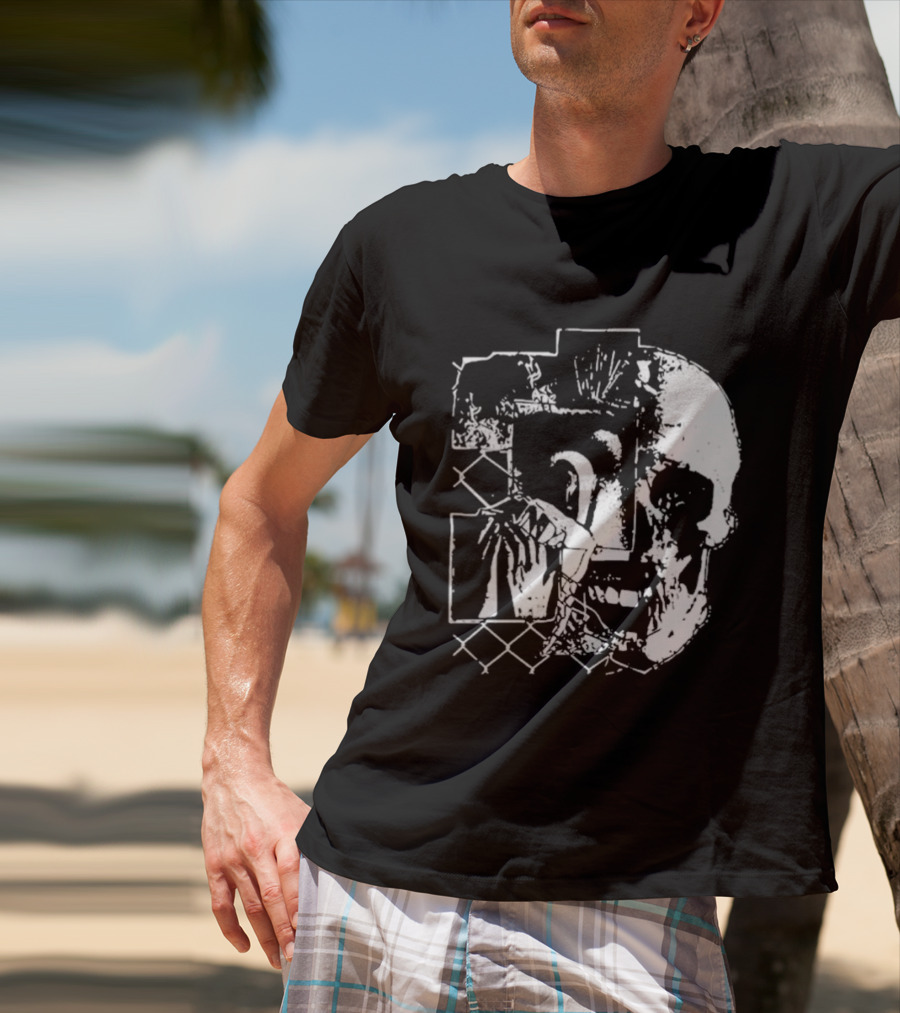 Harms Way Chain Link Skull 2026 Distorted Surreal White Design With Fence T-Shirt