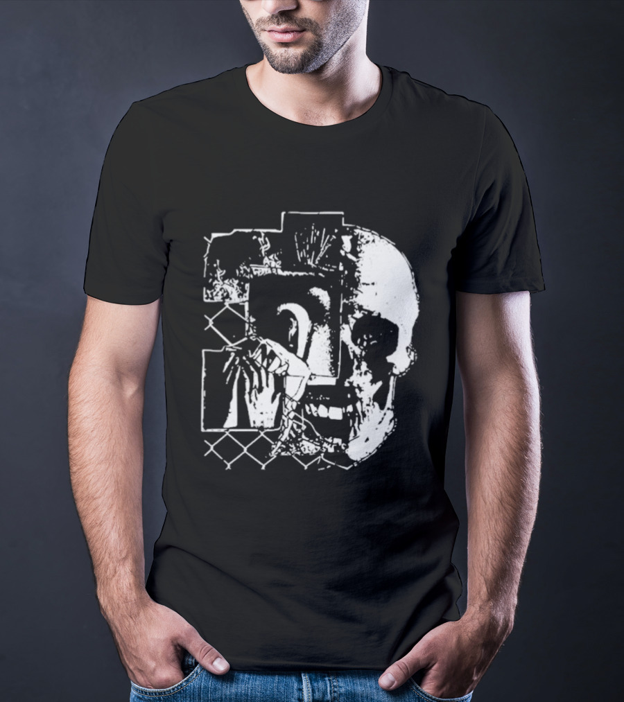 Harms Way Chain Link Skull 2026 Distorted Surreal White Design With Fence T-Shirt