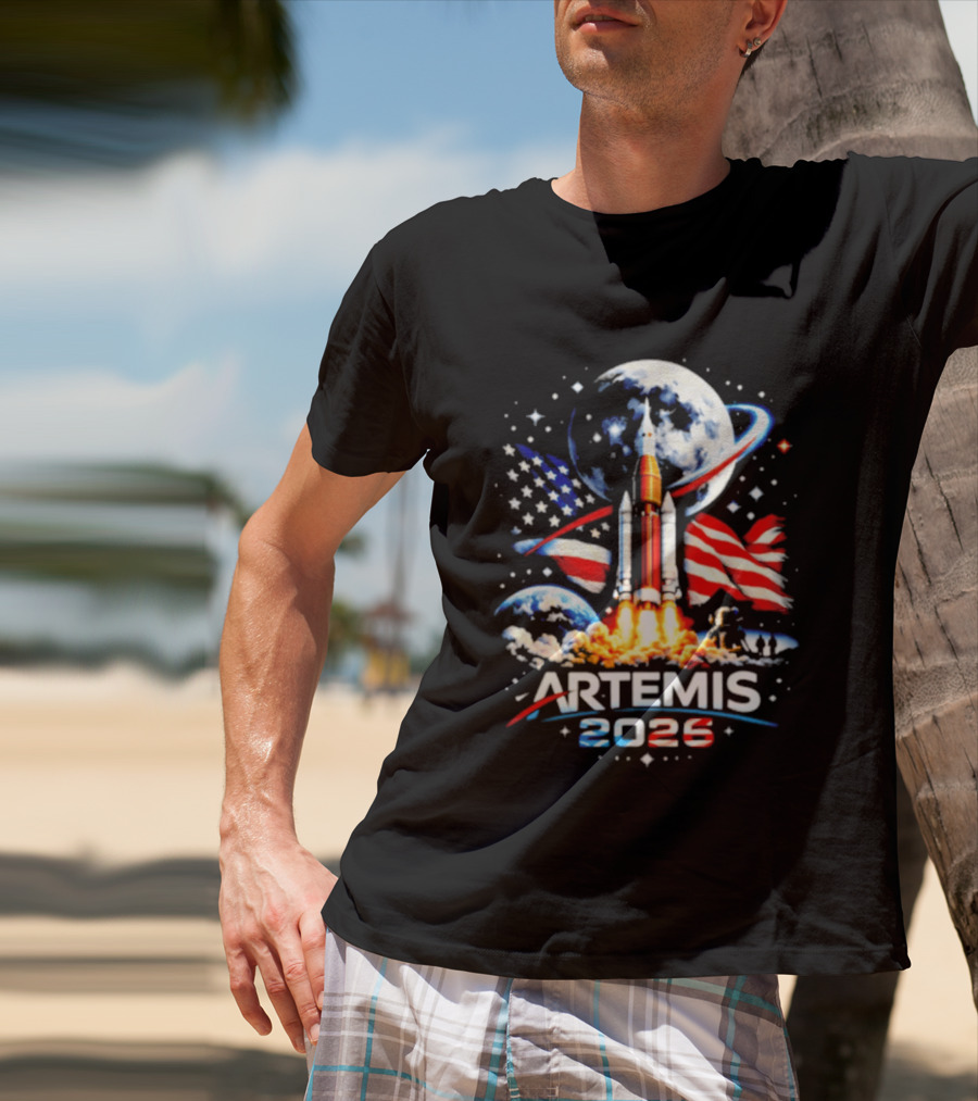 Artemis 2025 Rocket Launch USA Flag Moon Exploration T-Shirt